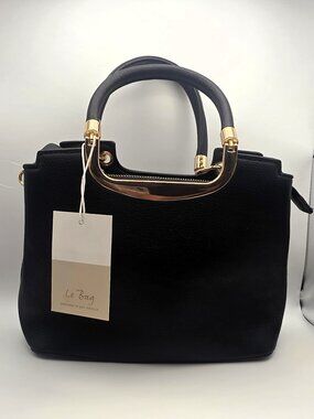 NWT Le Bag Black Structured Satchel Purse Gold Hardware Top Handle Handbag